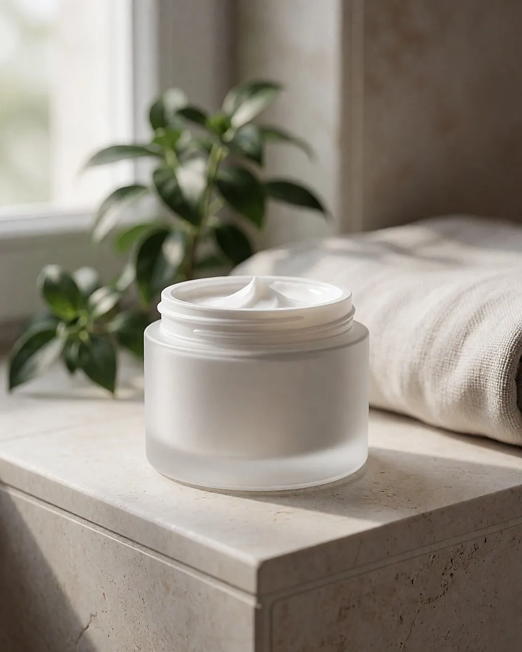 Multi-purpose cream pot open on a bathroom shelf