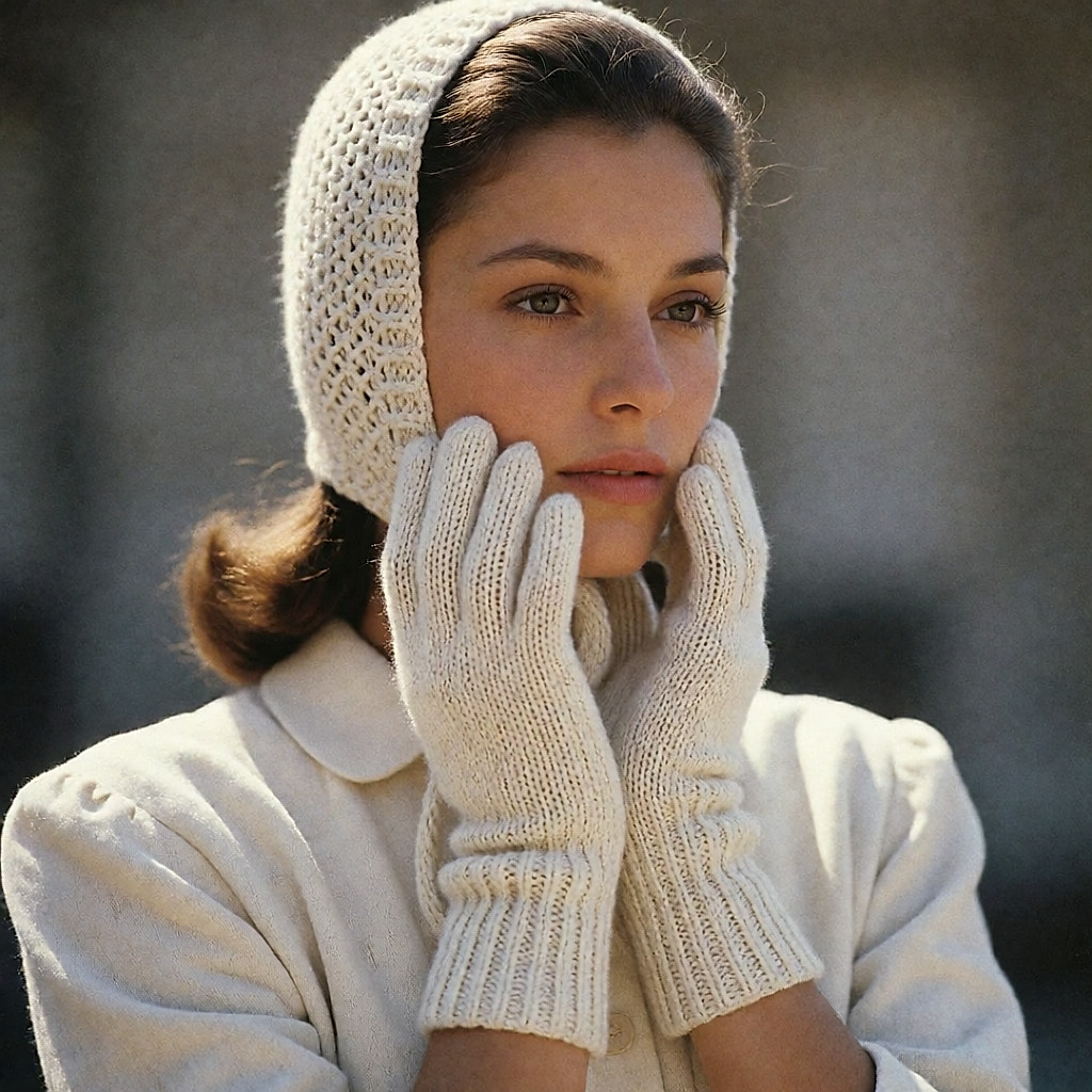 Young woman in a wool beanie and matching wool mittens