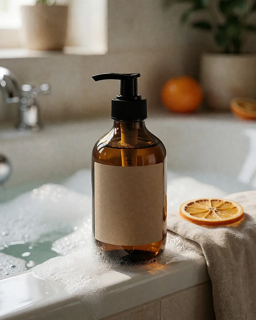 Bottle of natural carrot-scented bath foam next to the bath