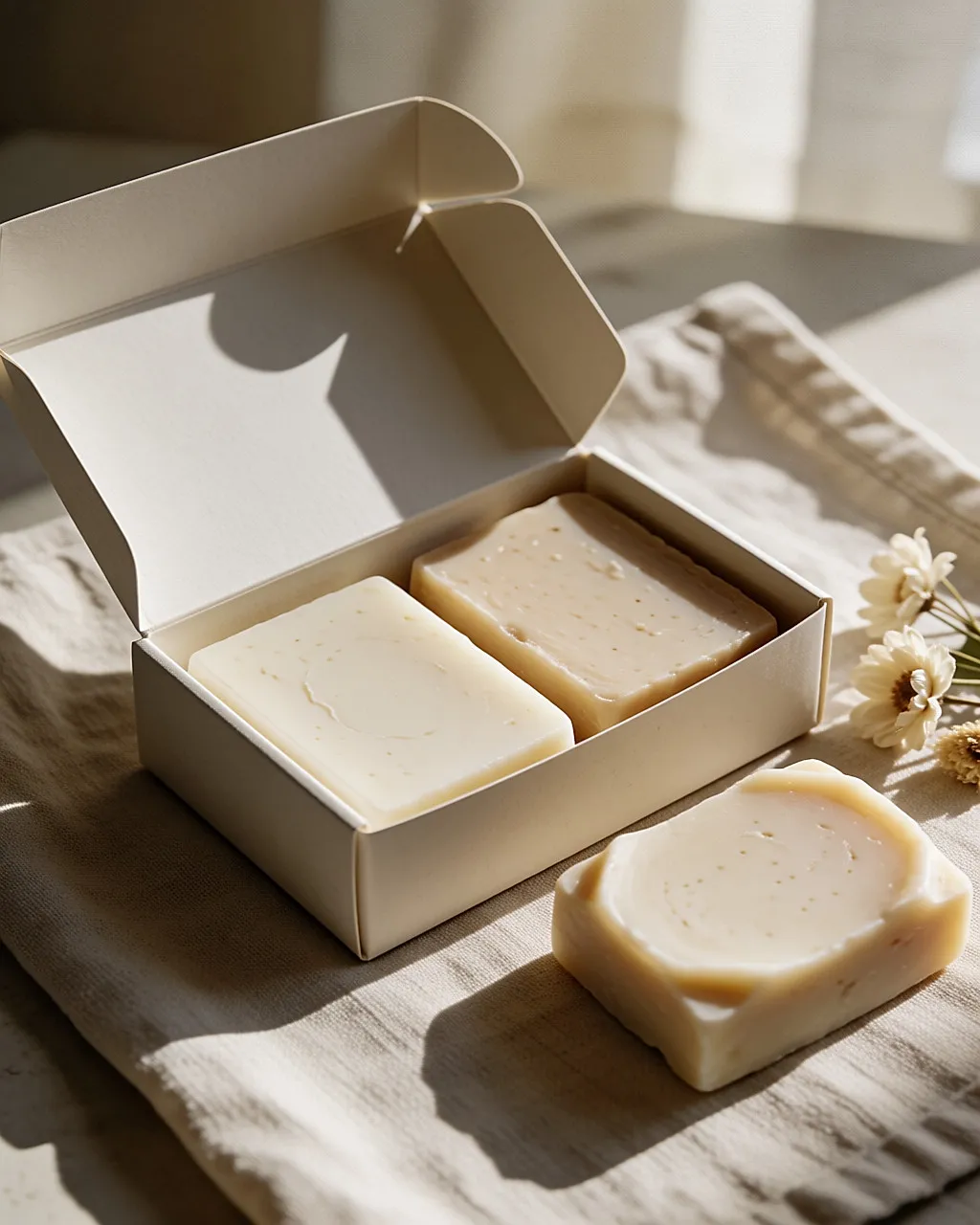 Set of scented bar soaps on dusty pink linen