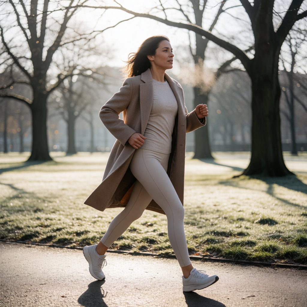 Femme marchant d'un pas vif dans un parc en hiver, lumière naturelle et tenue simple