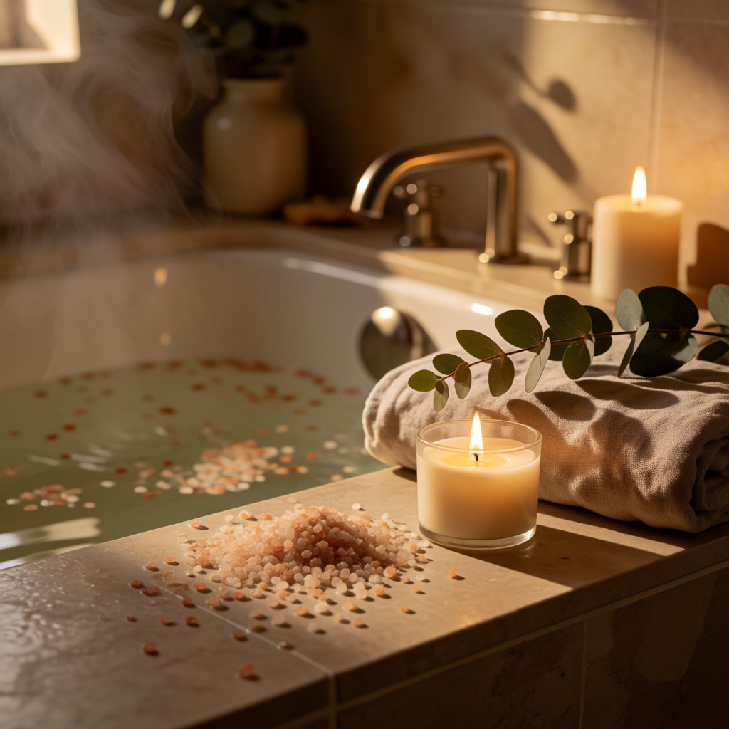 Salle de bain tamisée avec bain chaud, sels de bain, bougie allumée et serviette en lin