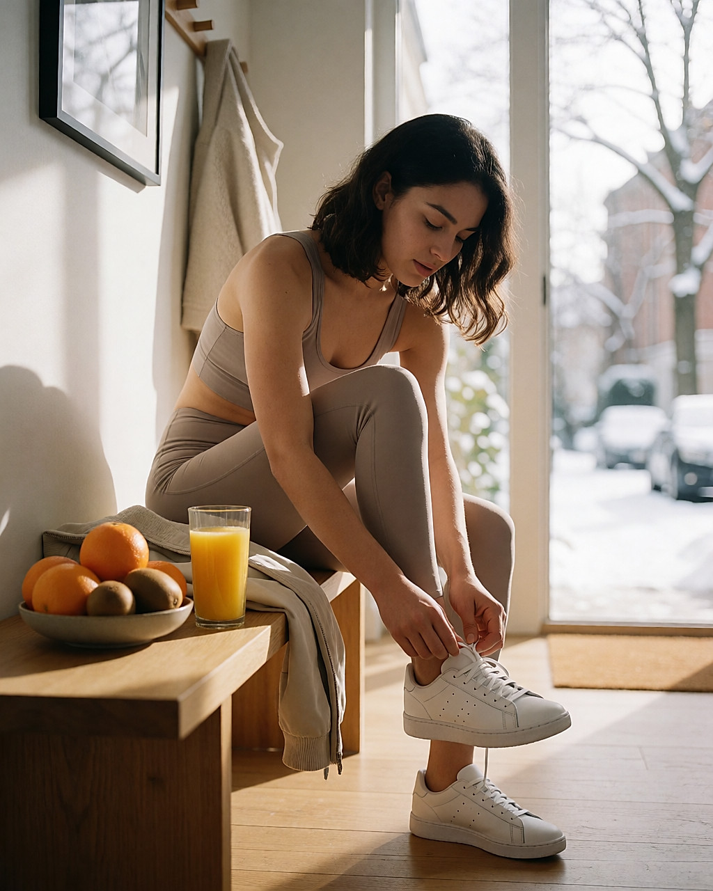 Jeune femme lacçant ses baskets dans une entrée lumineuse, jus d'orange et fruits à côté