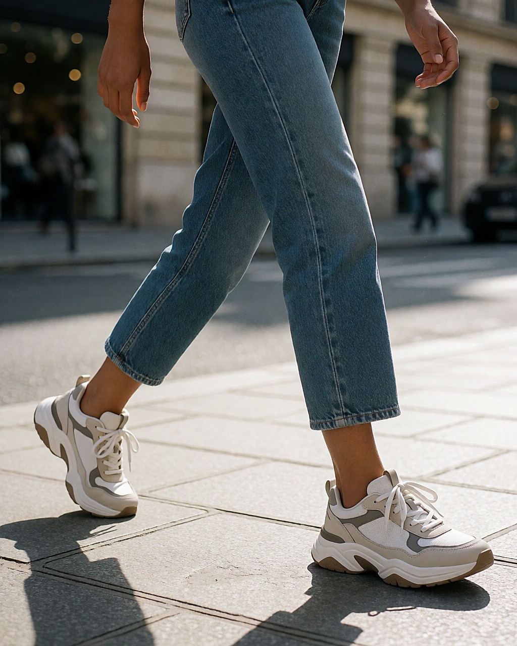 Jambes d'une jeune femme marchant vite, baskets modernes aux pieds