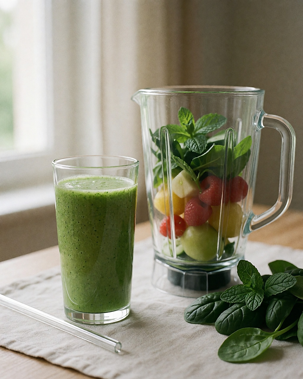 Grand verre de smoothie vert aux légumes, blender et fruits frais