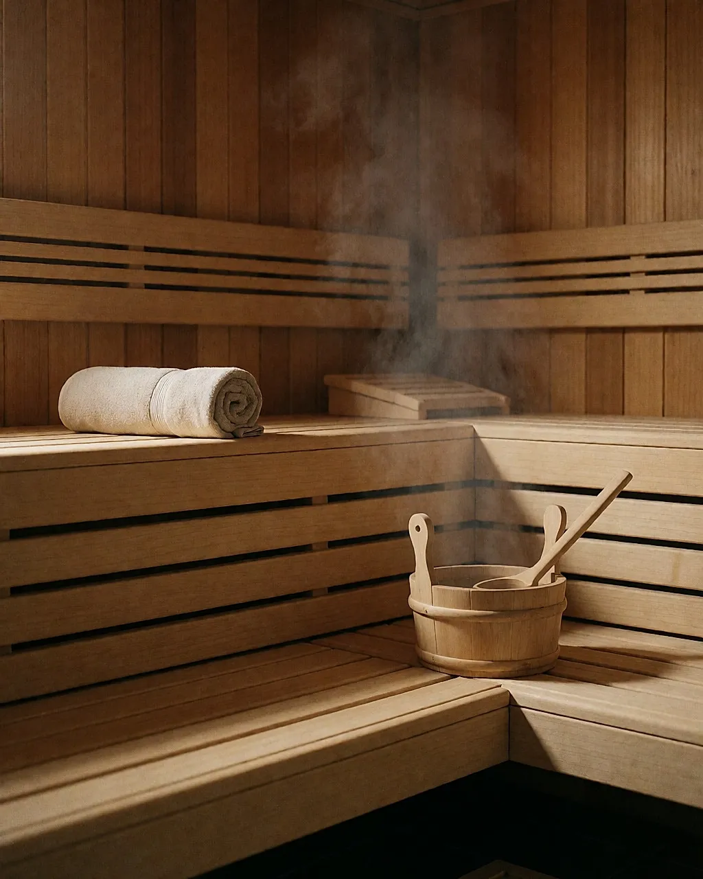 Warme Holzsauna, Handtuch und Saunakelle, leichter Dampf