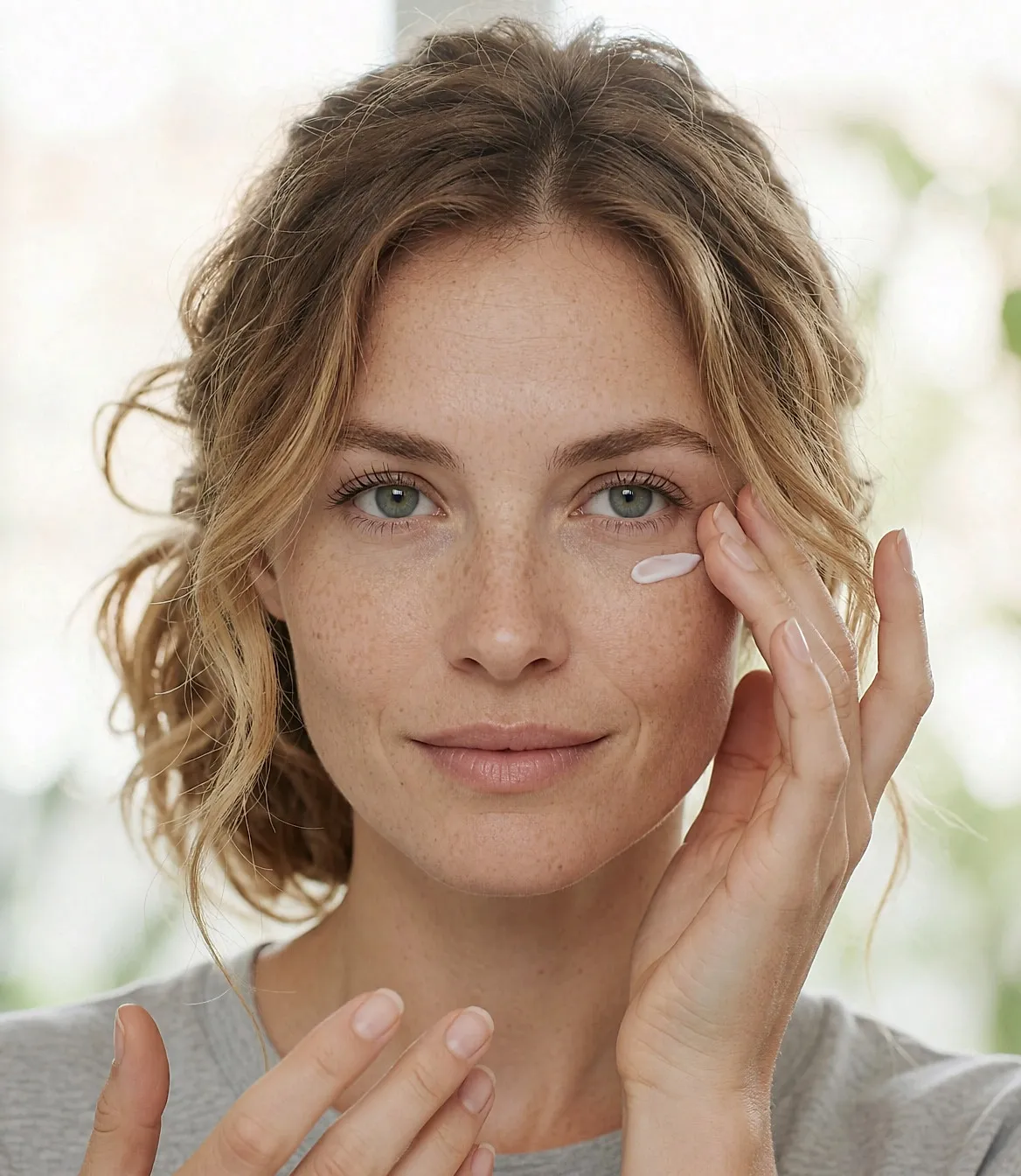 Frau mit zusammengebundenen blonden Haaren, die eine Augencreme mit der Fingerkuppe des Ringfingers aufträgt