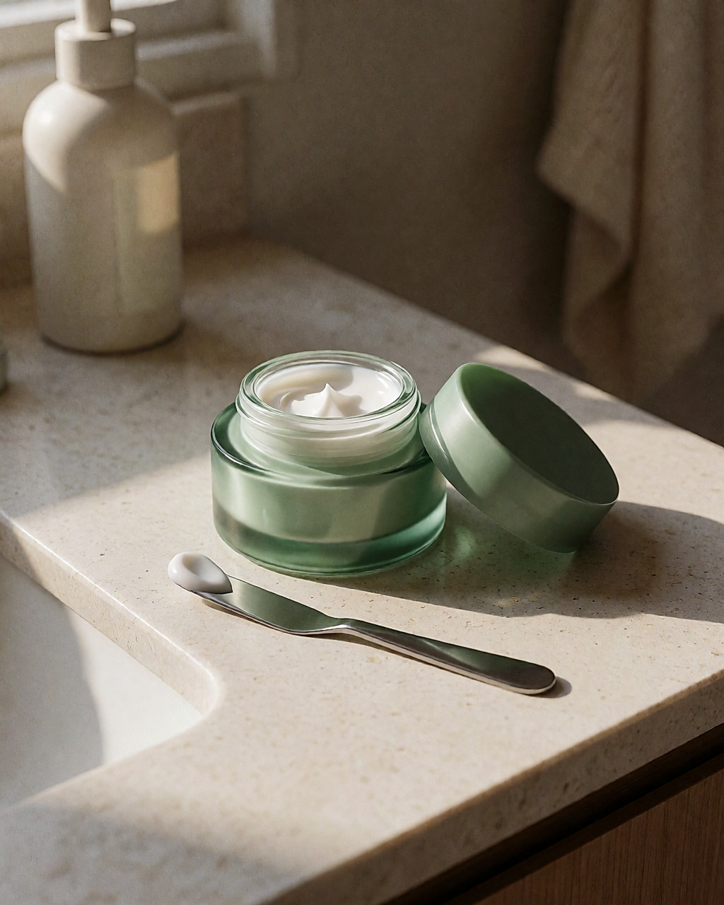 Pot de crème anti-âge vert ouvert avec une noisette de soin fermeté sur une spatule