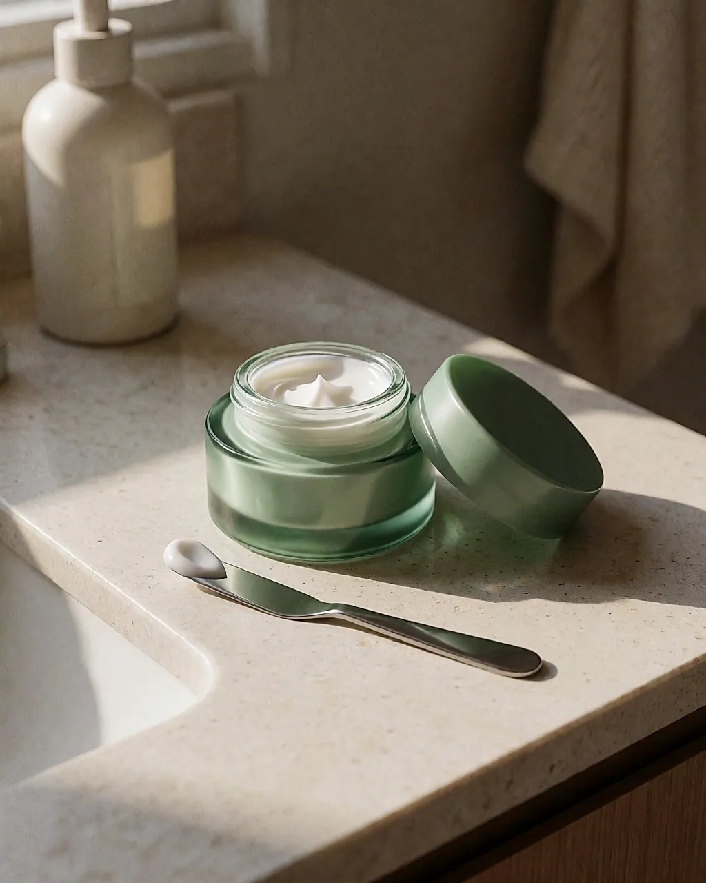 Geöffneter grüner Anti-Aging-Tiegel mit einer haselnussgroßen Menge straffender Pflege auf einem Spatel