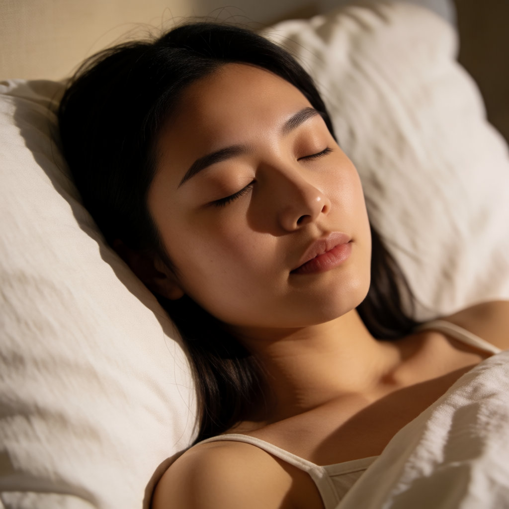 Jeune femme aux lèvres nourries allongée sur des draps blancs, lumière douce du soir