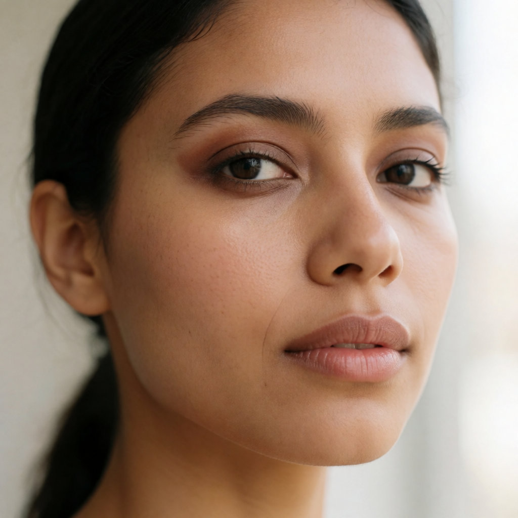Jeune femme au teint frais et regard lumineux, maquillage discret sous les yeux