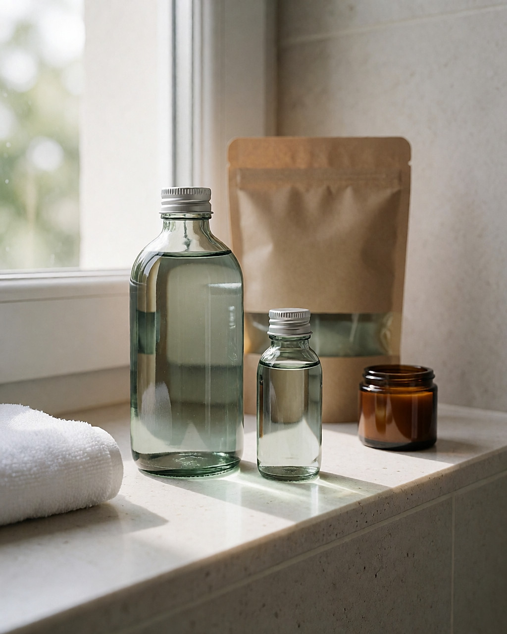 Deux formats d'une même eau florale côte à côte, grand format en verre et recharge en kraft