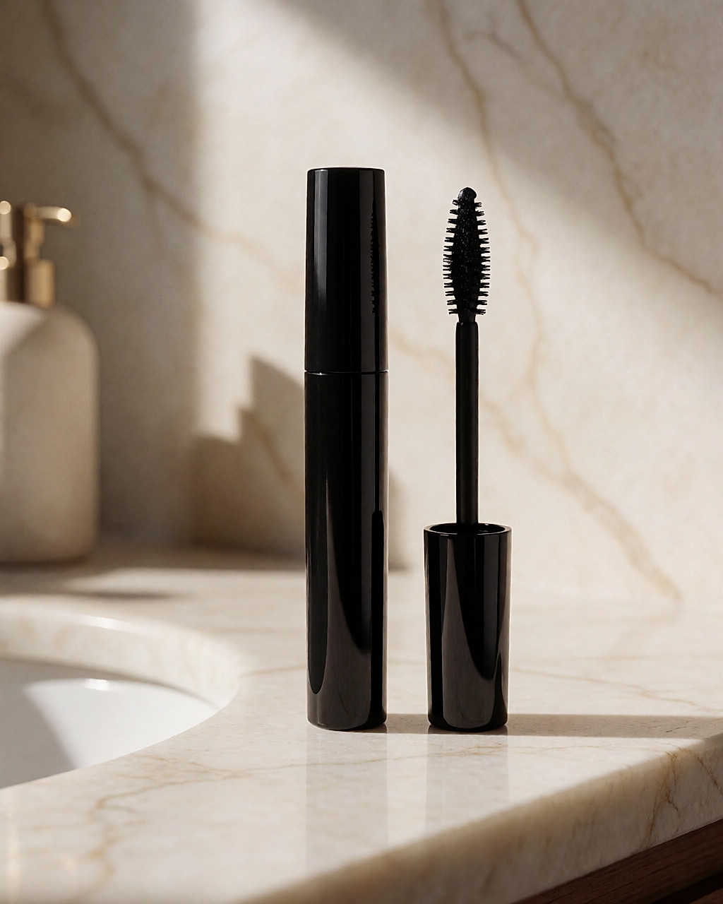 Mascara noir en tube fin debout sur un marbre pâle, brosse spoolie chargée à côté