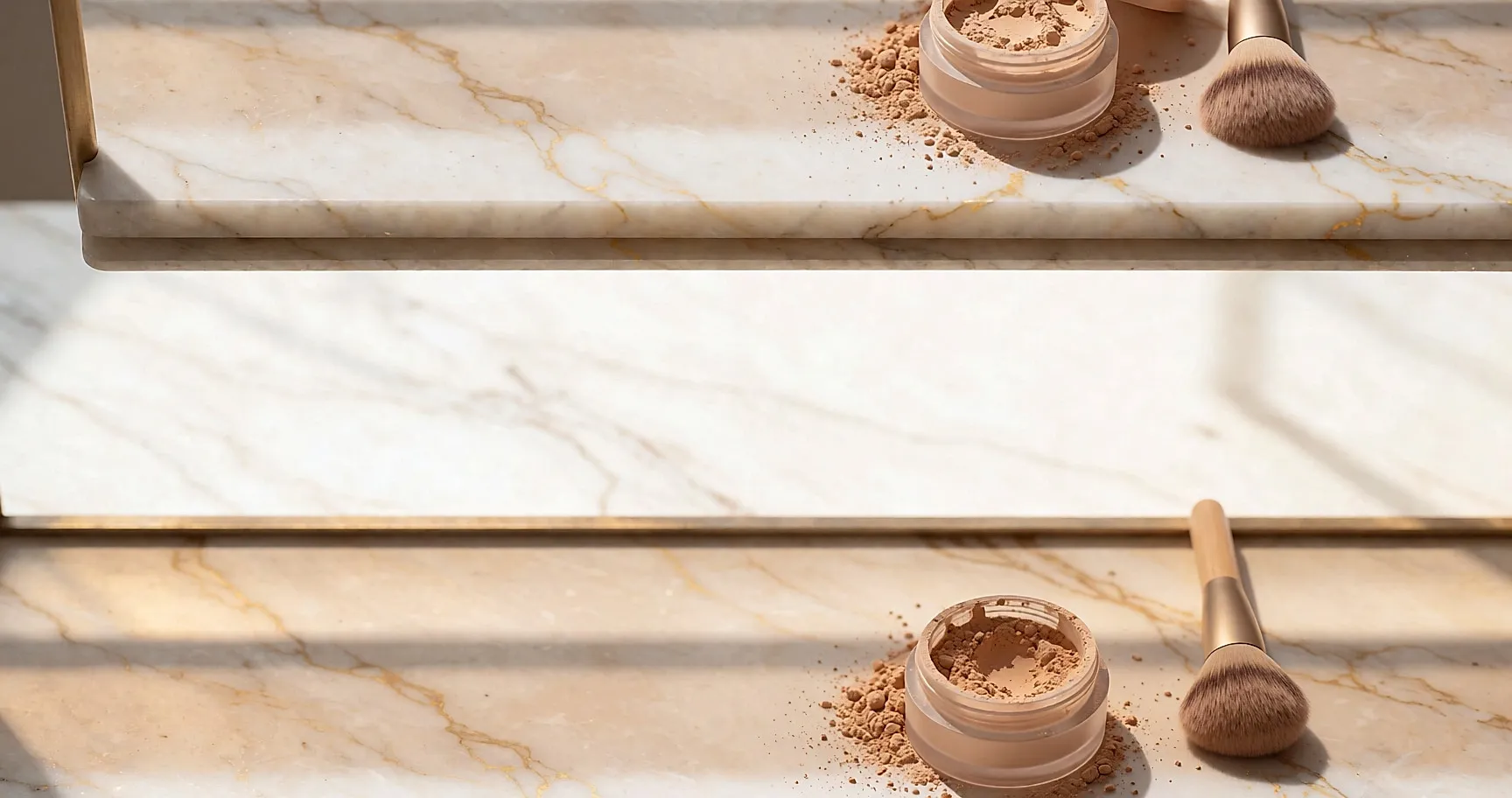 Geöffneter Mineralpuder-Tiegel auf Marmor, leichter Puder verstreut