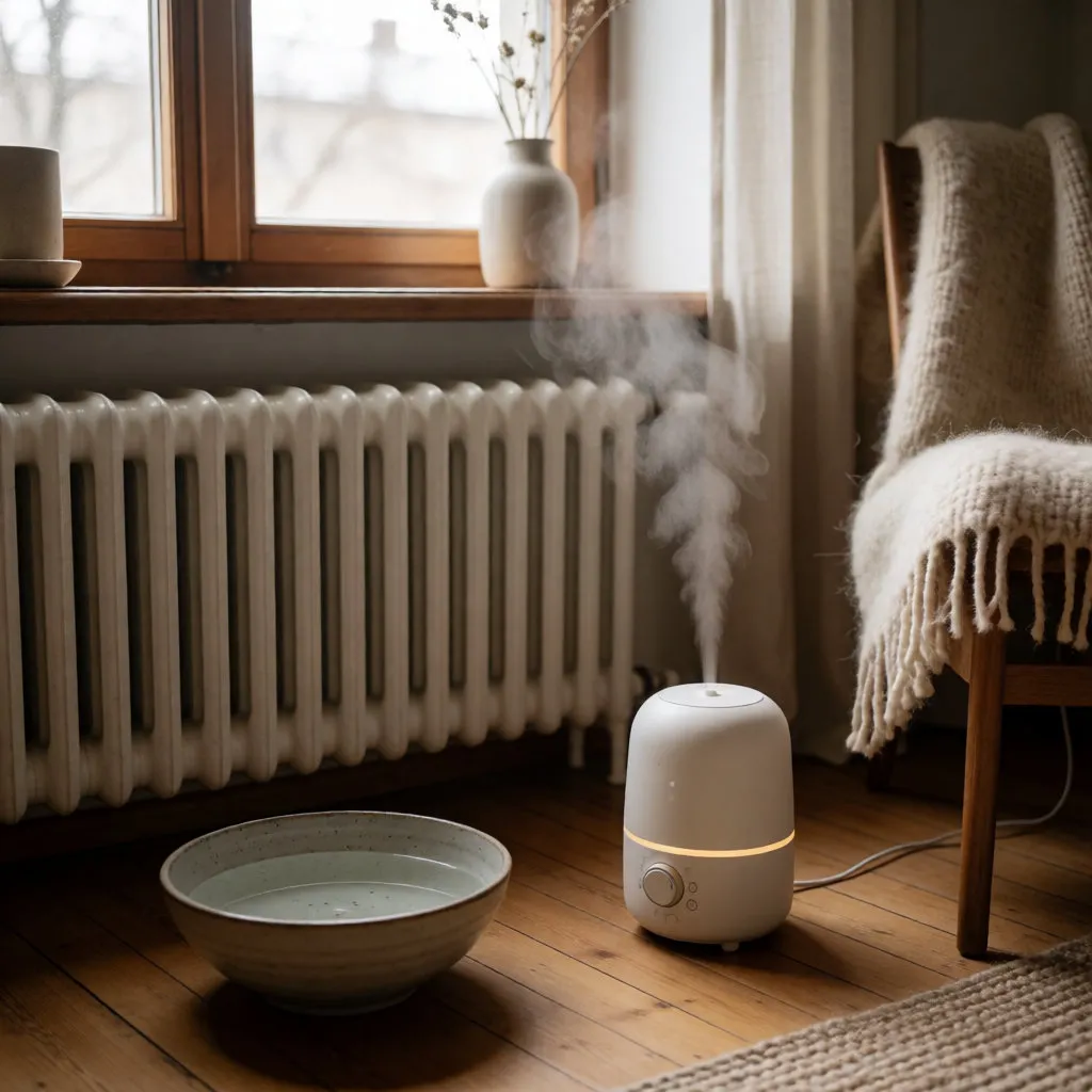 Gemütliches Interieur mit Heizkörper, einer Schüssel Wasser und einem Luftbefeuchter, der sanften Nebel verteilt