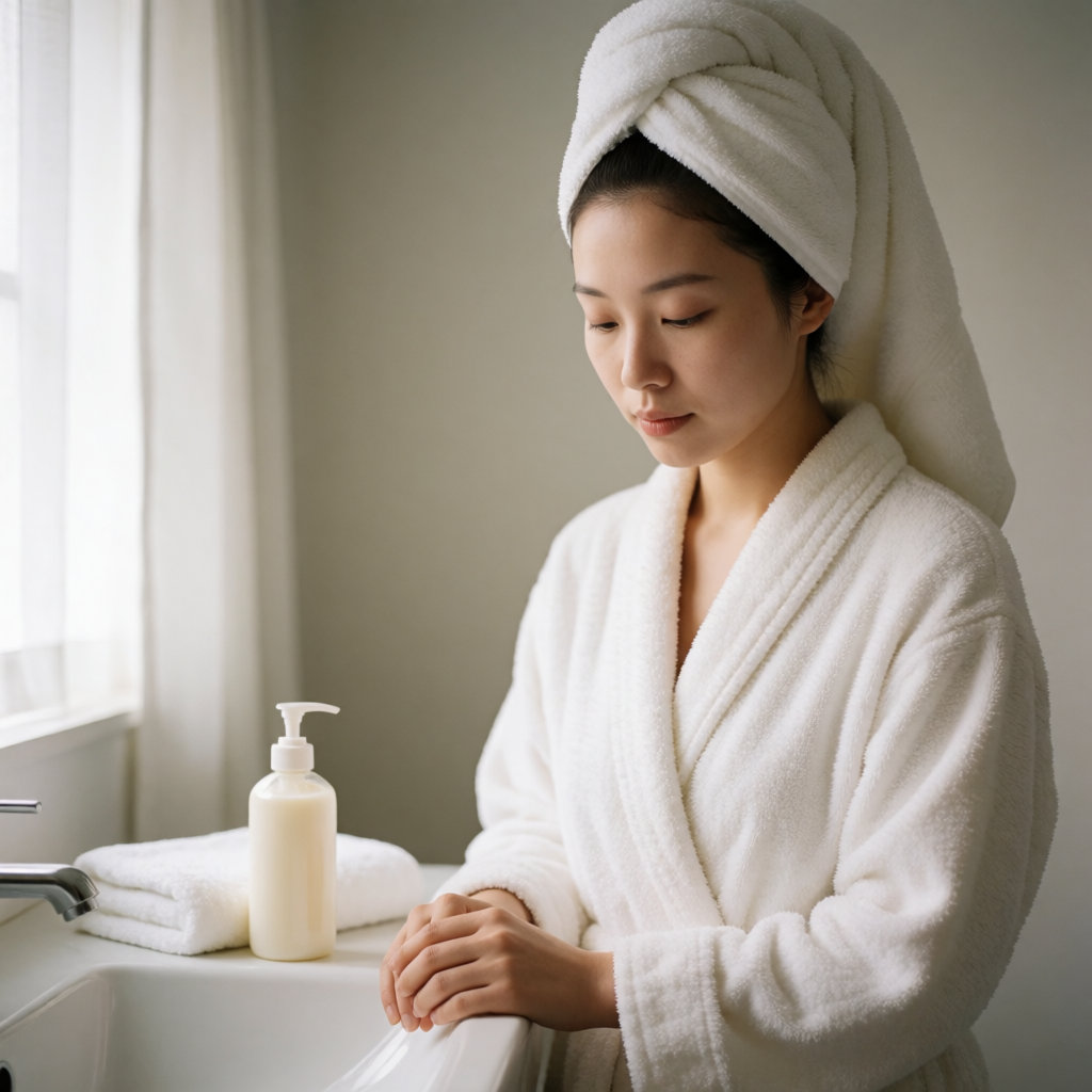 Jeune femme asiatique en peignoir, cheveux dans une serviette, dans une salle de bain lumineuse