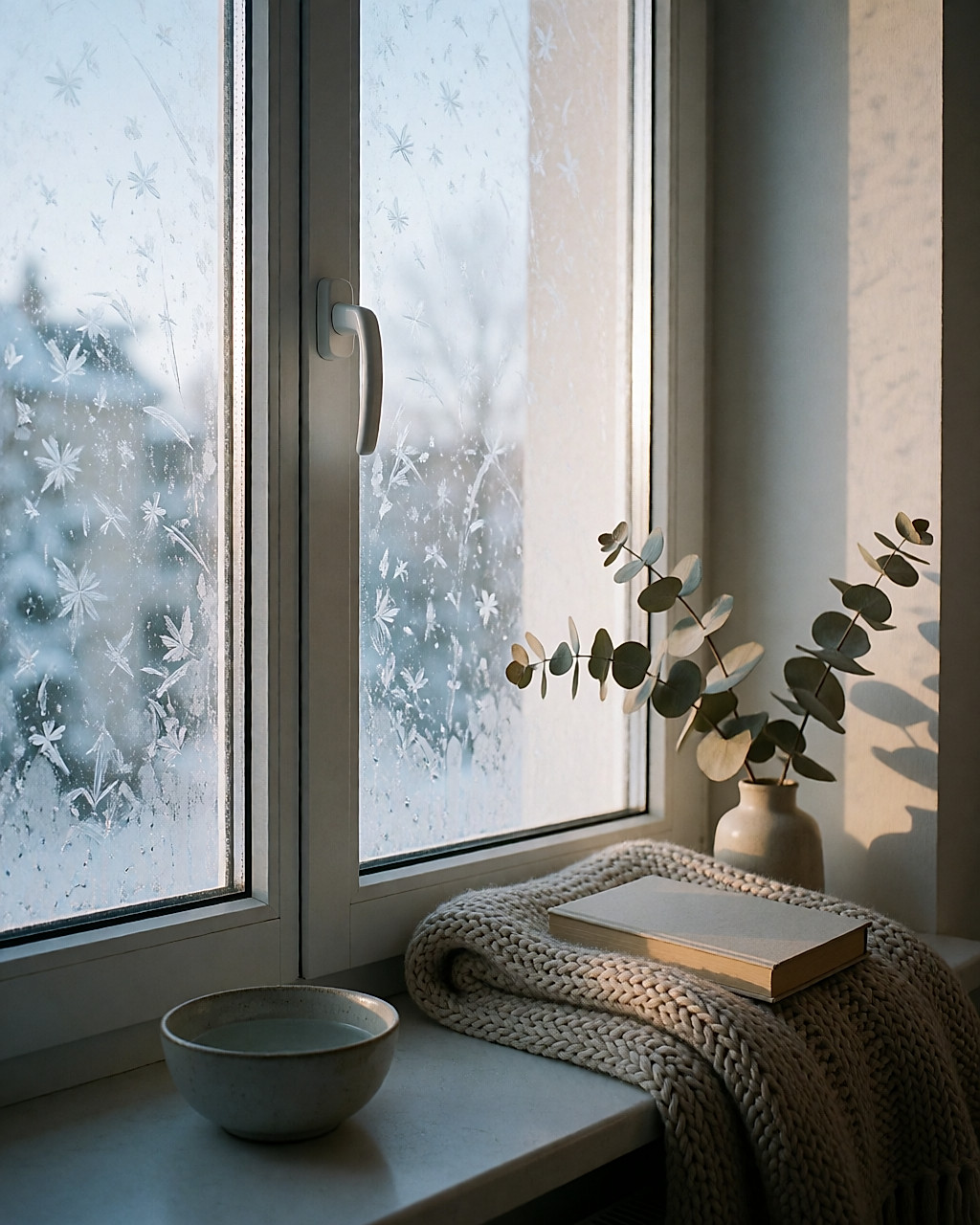 Vitre gelée au petit matin, bol d'eau et plaid posés sur le rebord intérieur