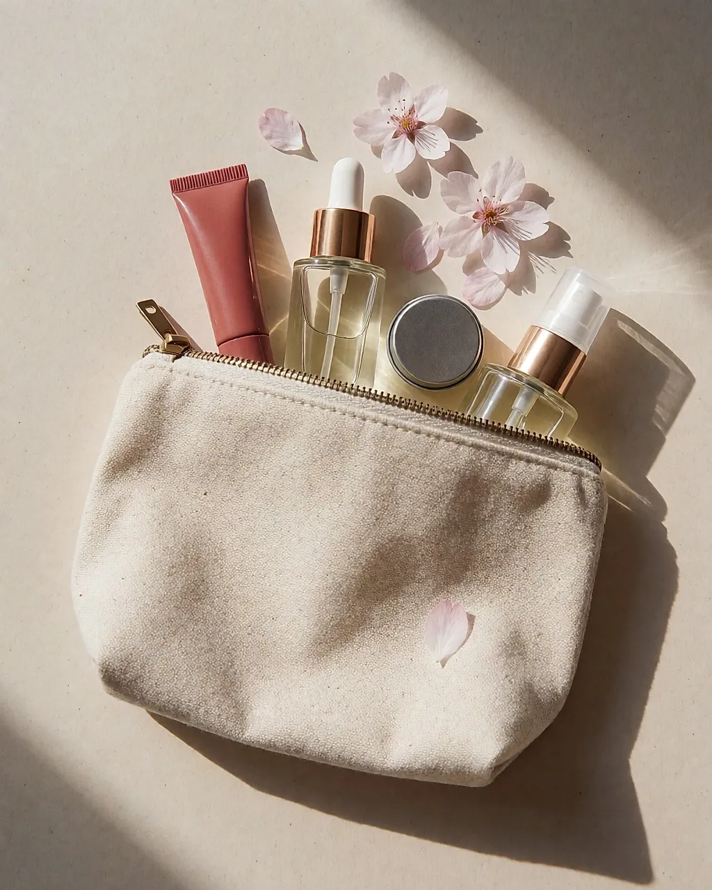 Geöffnete Kosmetiktasche mit Frühlingsprodukten, von oben fotografiert