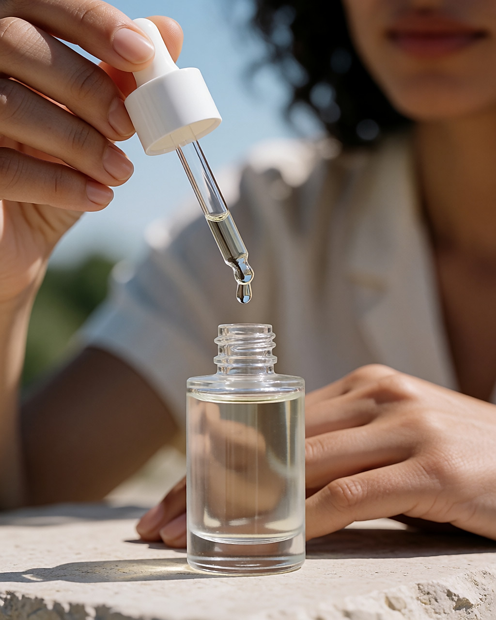 Flacon de verre compte-gouttes de sérum à l’acide hyaluronique, goutte suspendue