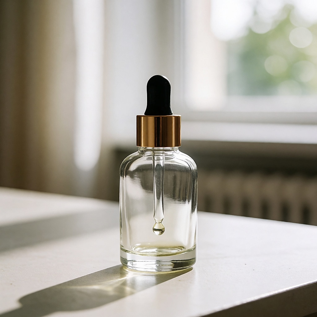 Glasflakon mit Pipette für Hyaluronsäure-Serum, ein Tropfen hängt an der Spitze