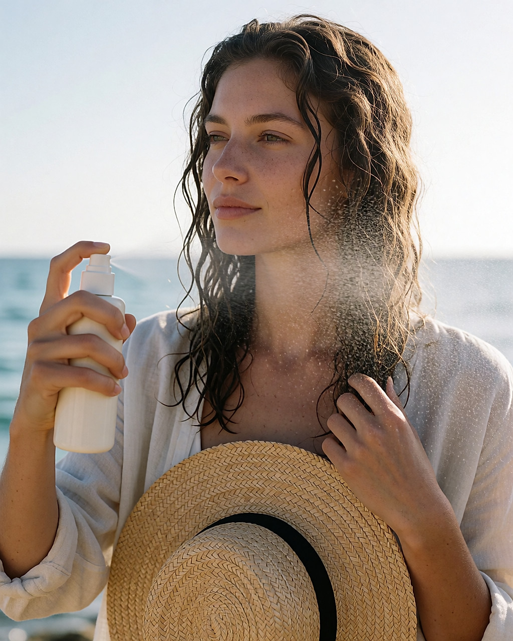 Jeune femme vaporisant une brume solaire sur ses cheveux, bord de mer, chapeau à la main