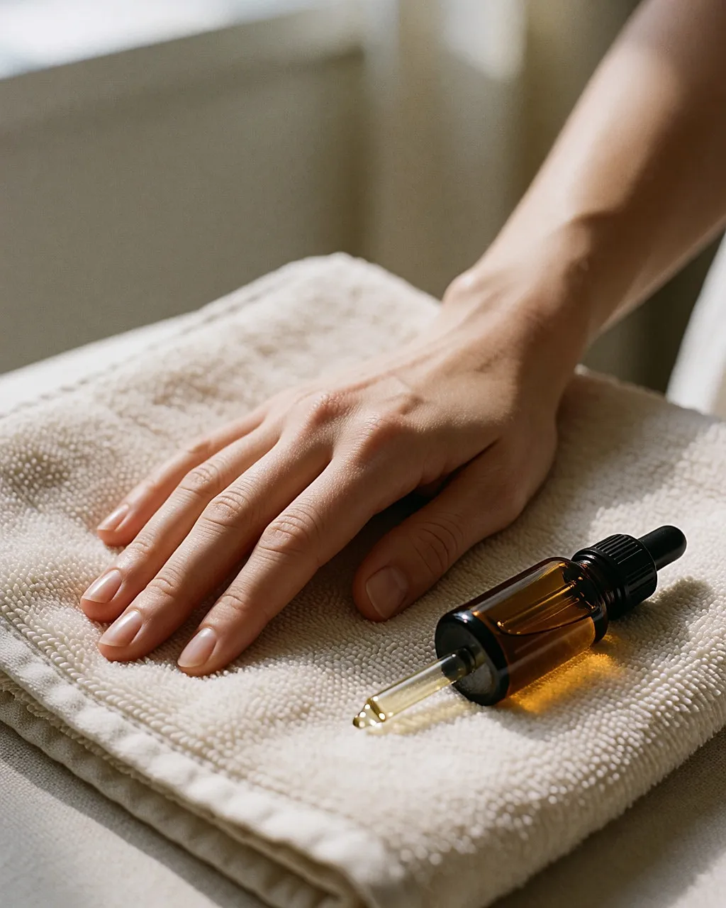 Eine Hand auf Leinen, ein goldener Tropfen Pflanzenöl auf der Nagelhaut, bernsteinfarbenes Fläschchen