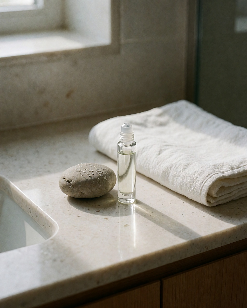 Roll-on en verre et galet froid posés sur un comptoir de salle de bain au matin