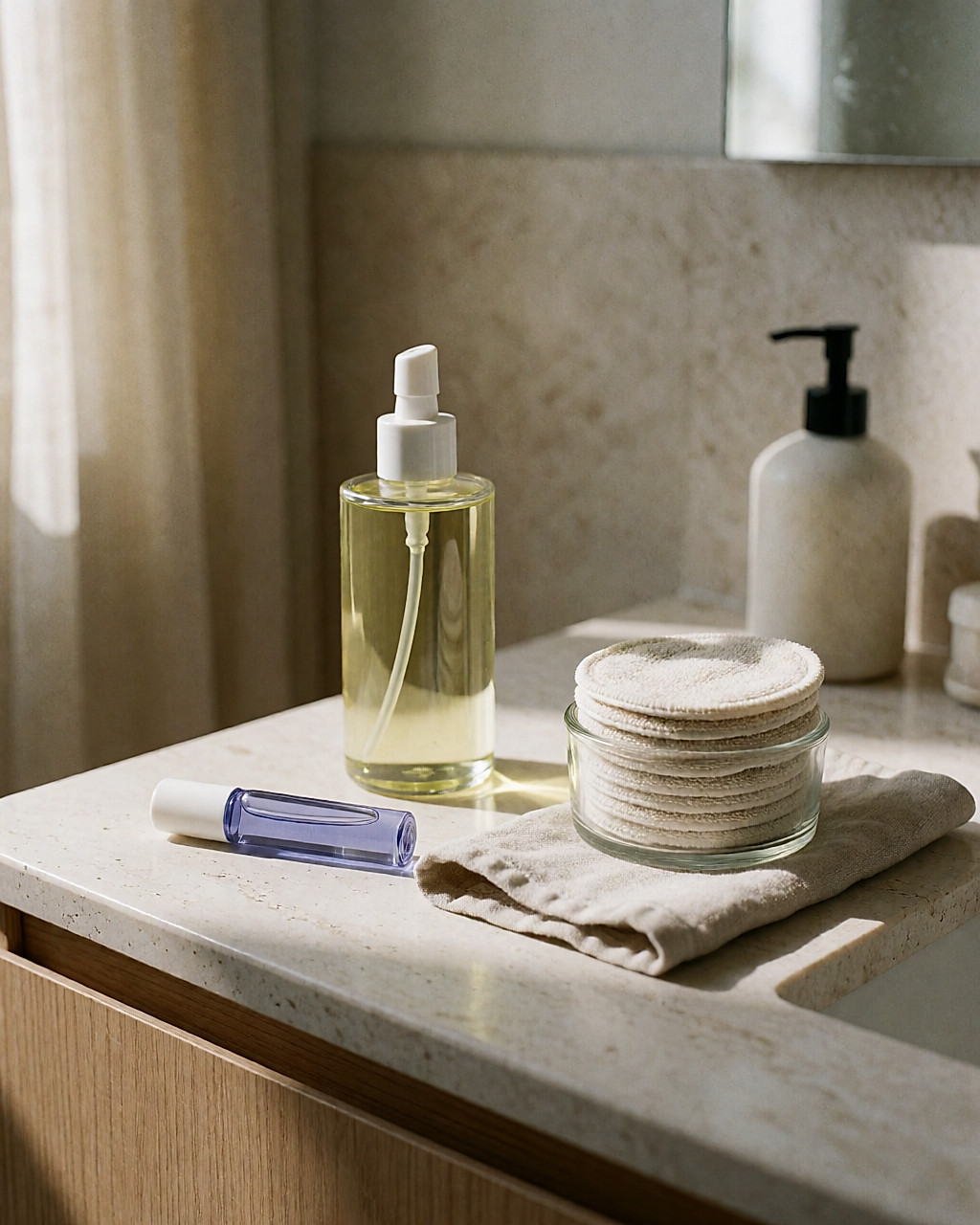 Huile démaquillante, roll-on en verre bleuté et lingettes lavables sur un comptoir