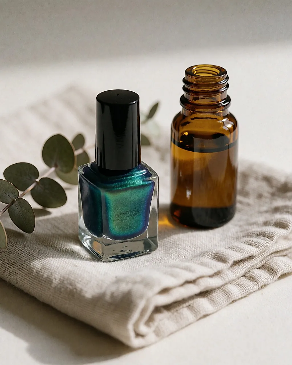 Flakon mit schimmerndem grünem Nagellack und kleine bernsteinfarbene Flasche Pflanzenöl auf Leinen