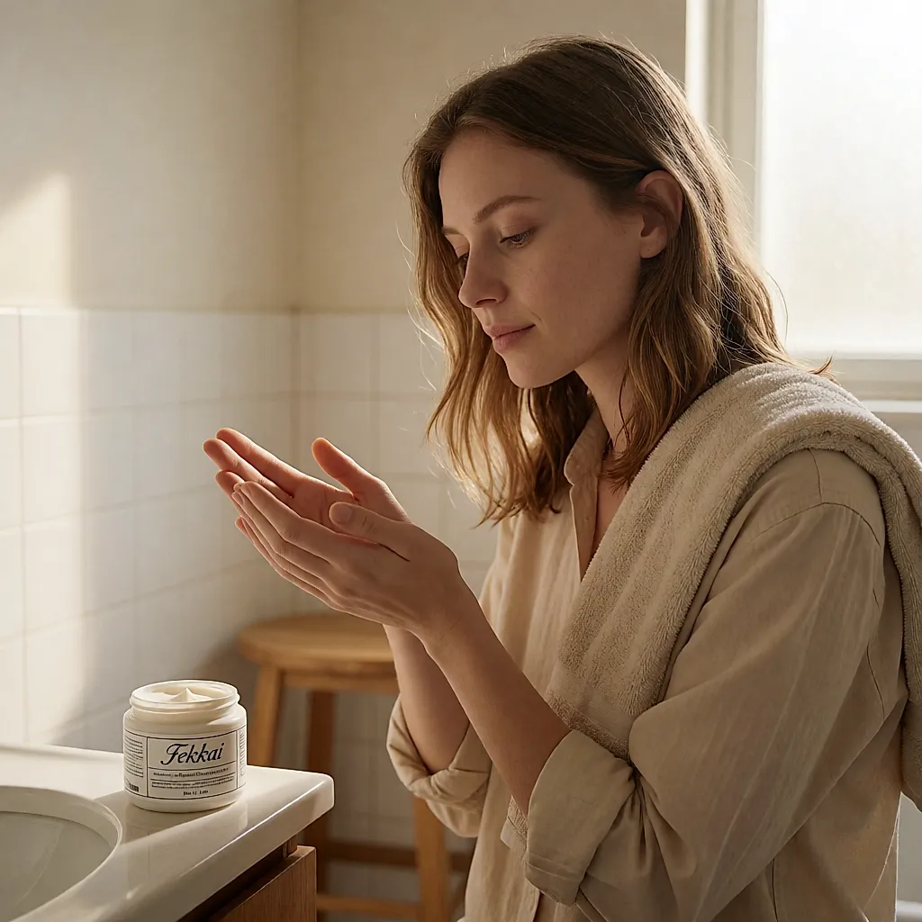 Uma mulher aquece entre as palmas uma porção de leave-in do tamanho de uma avelã antes de aplicar