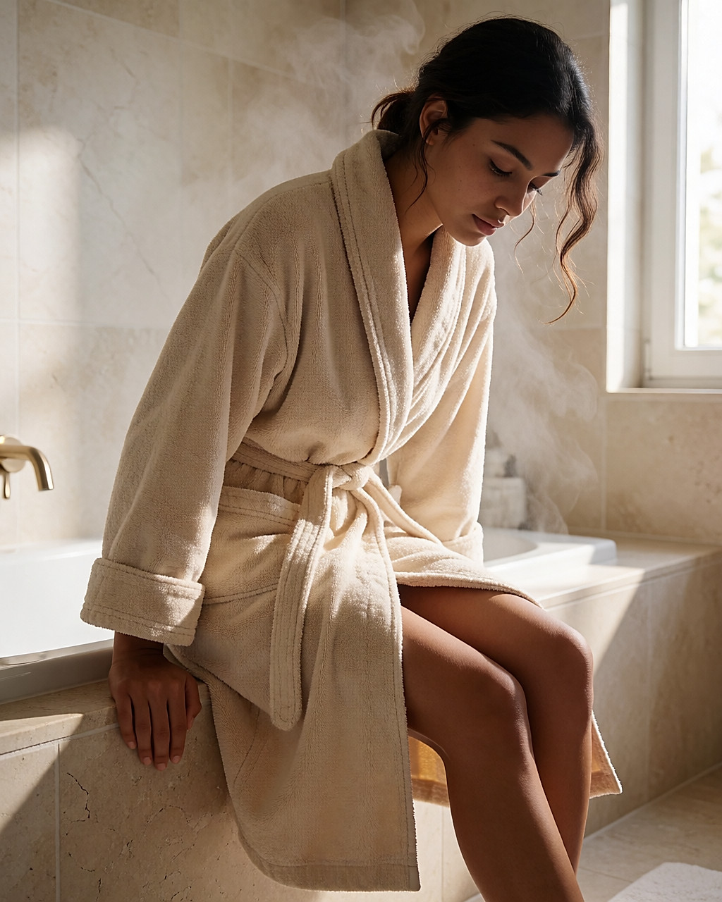 Femme au peignoir massant une huile sèche dorée sur sa jambe au bord de la baignoire