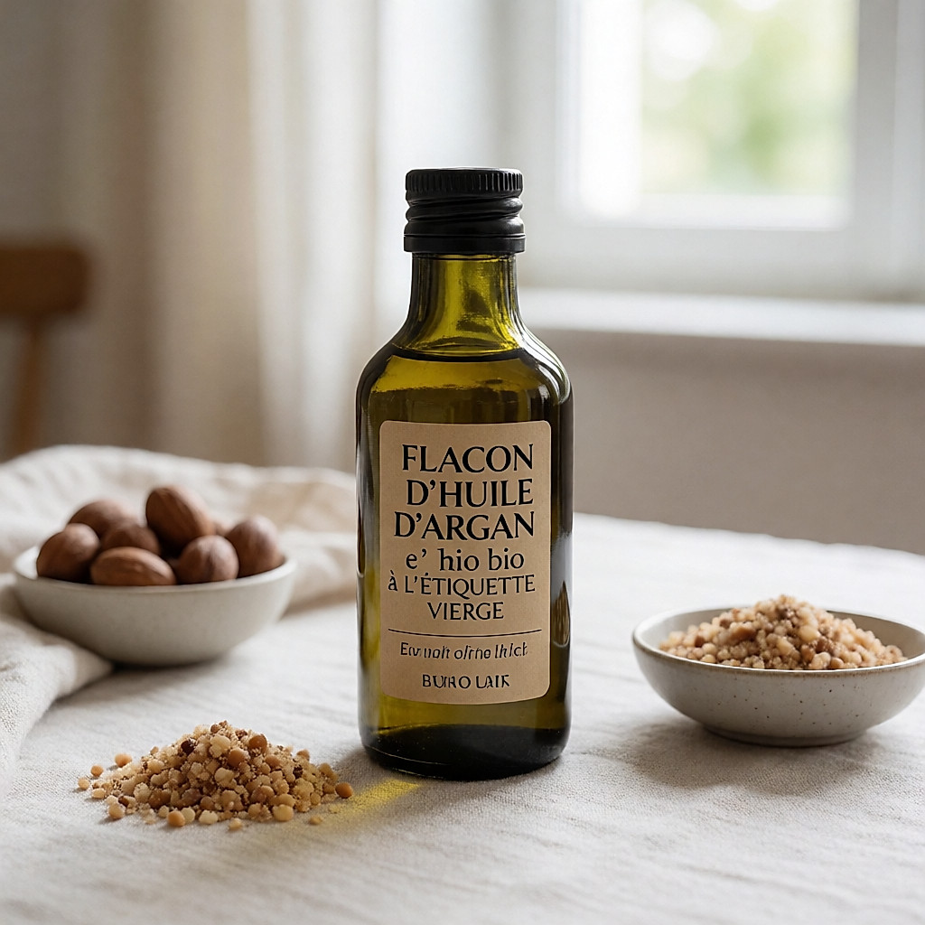Frasco de aceite de argán ecológico con etiqueta kraft en blanco, sobre lino con nueces de argán troceadas
