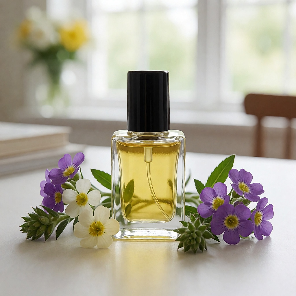 Pequeño frasco cuentagotas de aceite de cuidado dorado rodeado de flores de eva