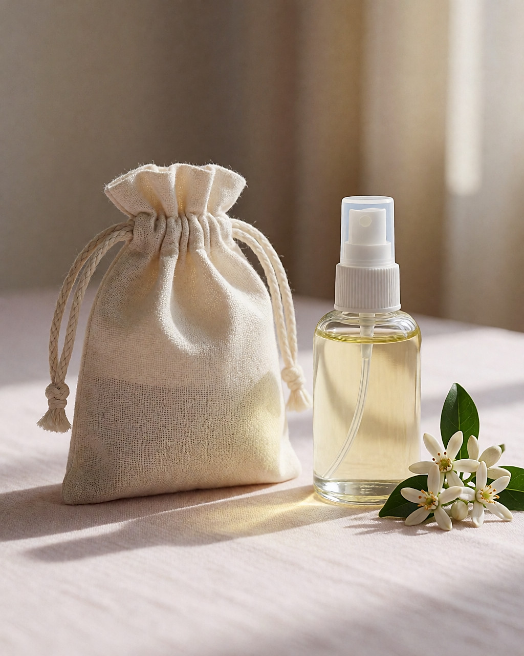 Pochette en coton naturel et flacon en verre de brume parfumée dorée sur du lin clair