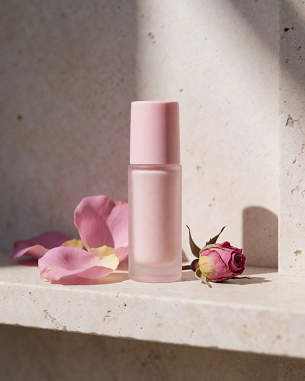 Flacon de déodorant rose en verre pâle entouré de pétales de rose fraîche