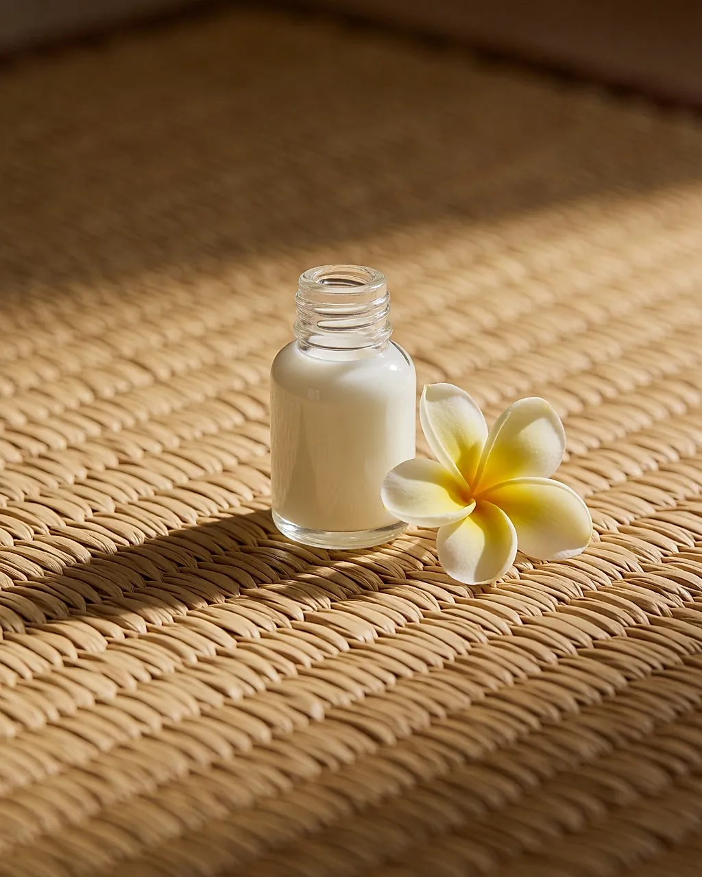 Kleines Glasfläschchen mit weißem Monoï-Öl und einer Tiaré-Blüte auf einer Bastmatte