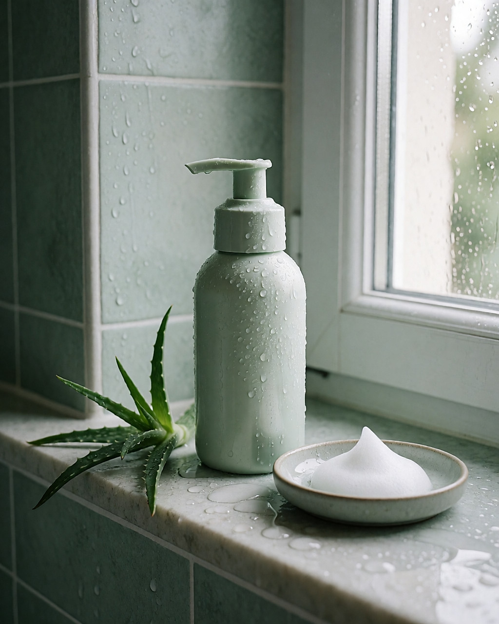 Mousse après-soleil dans un flacon vert pâle avec une touche de mousse blanche