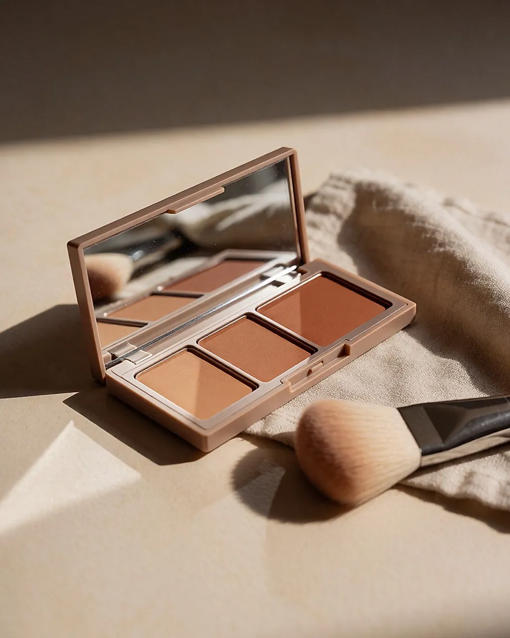 Geöffnetes Mineral-Make-up-Set mit beigen Puderfarben und Pinsel auf Leinen