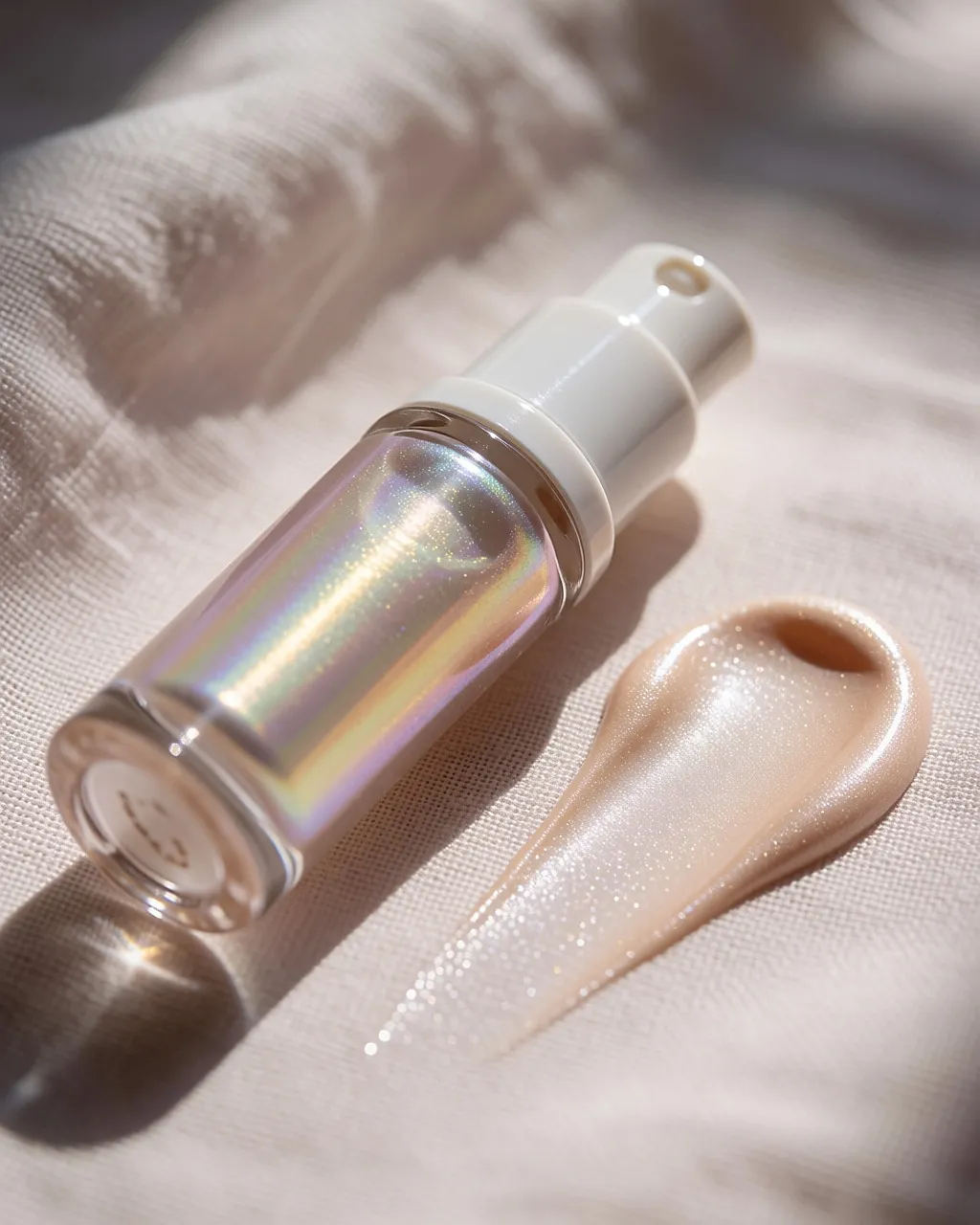 Pumpspender aus Glas mit perlmuttschimmerndem flüssigem Highlighter auf hellem Leinen