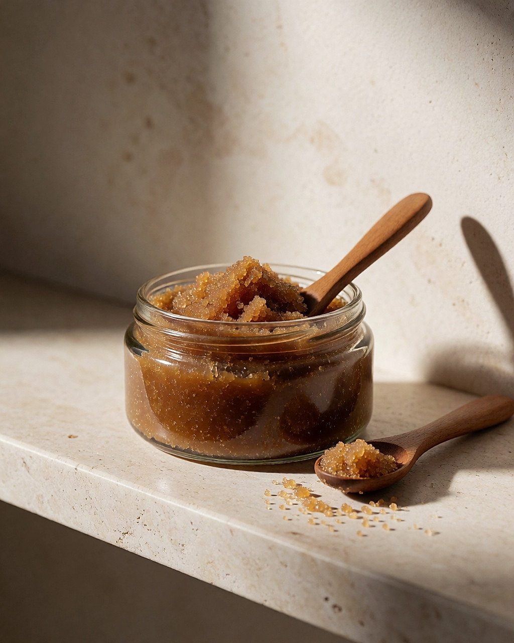 Pot en verre de gommage corporel au sucre, texture caramel, sur une étagère claire