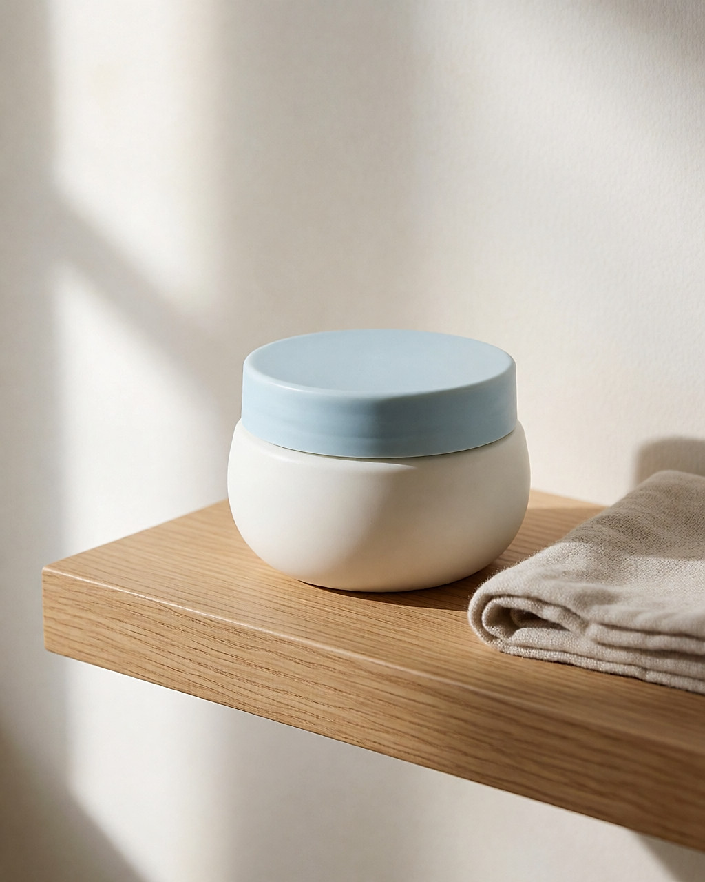 Pot de cold cream blanc à couvercle bleu pâle posé sur une étagère claire