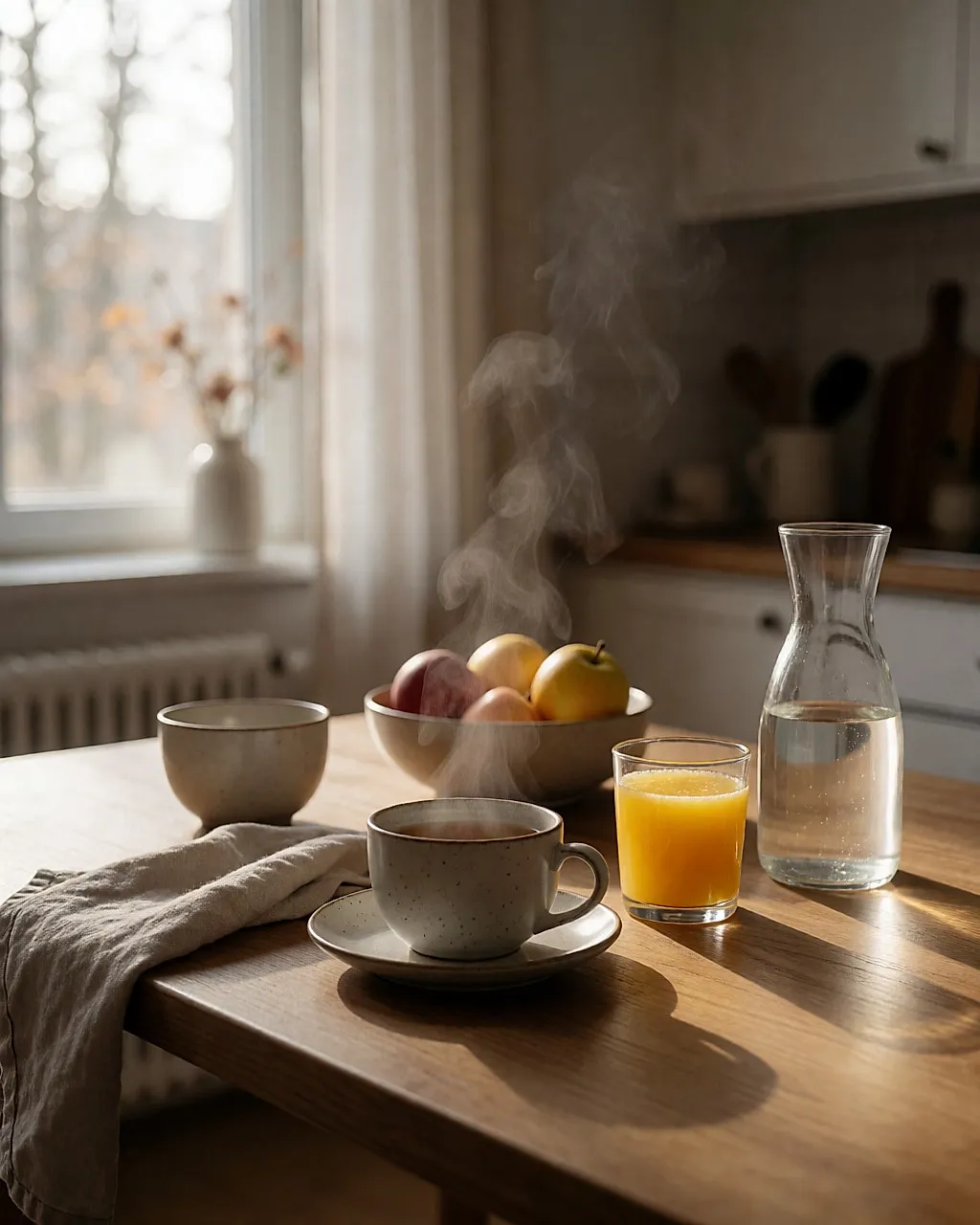 Winterfrühstück: dampfender Kräutertee, frischer Saft und Wasserkanne auf einem Holztisch