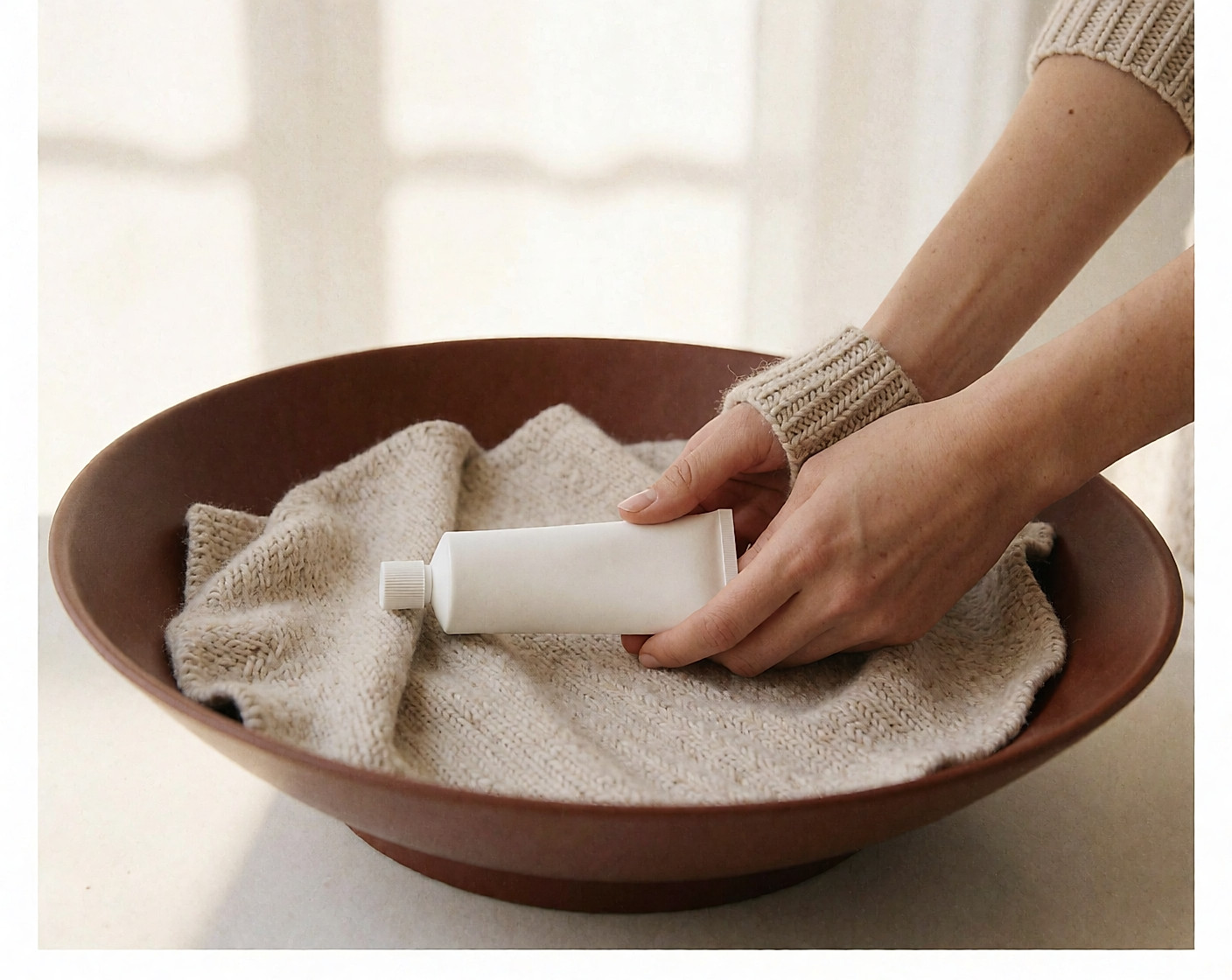 Mains tenant un tube de crème hydratante dans une lumière d'hiver
