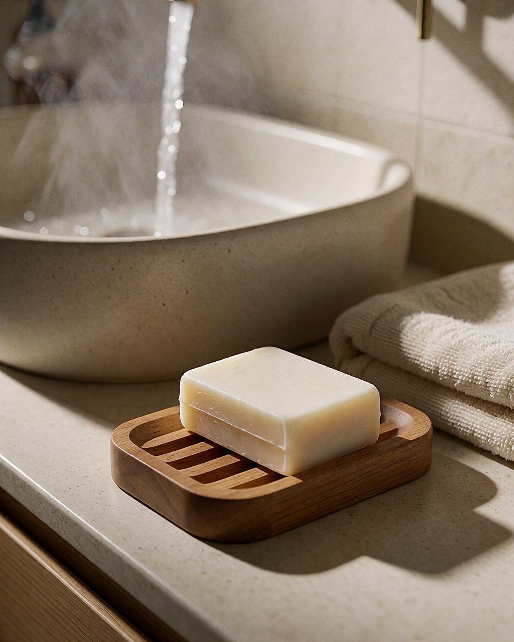 Pain dermatologique solide posé sur un porte-savon en bois près d'un lavabo
