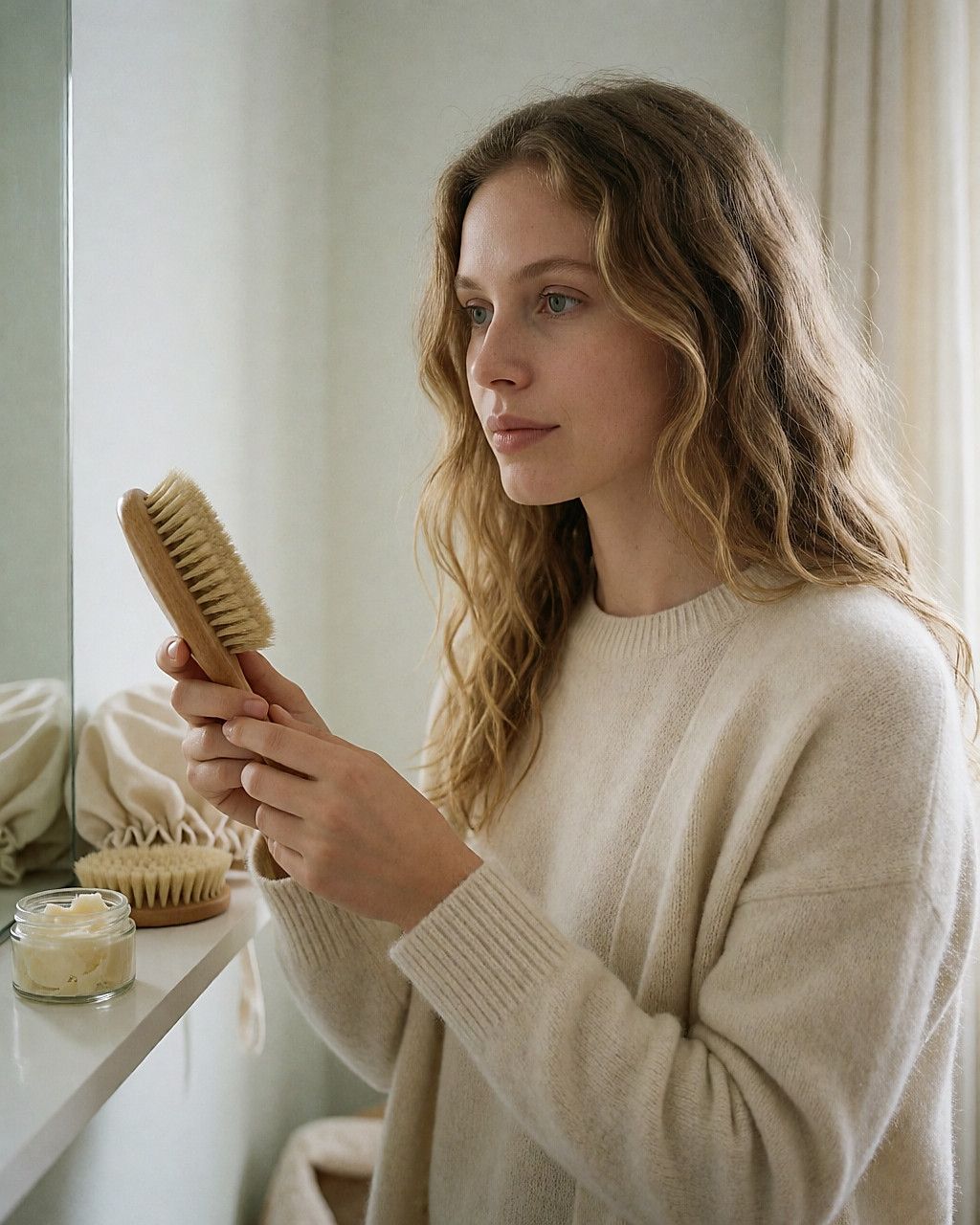 Jeune femme brune aux cheveux légèrement électrisés tenant une brosse en poils naturels devant un miroir