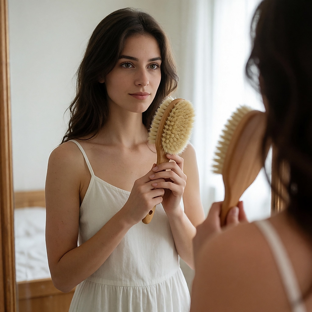 Junge brünette Frau mit leicht aufgeladenen Haaren hält eine Naturhaarbürste vor einem Spiegel