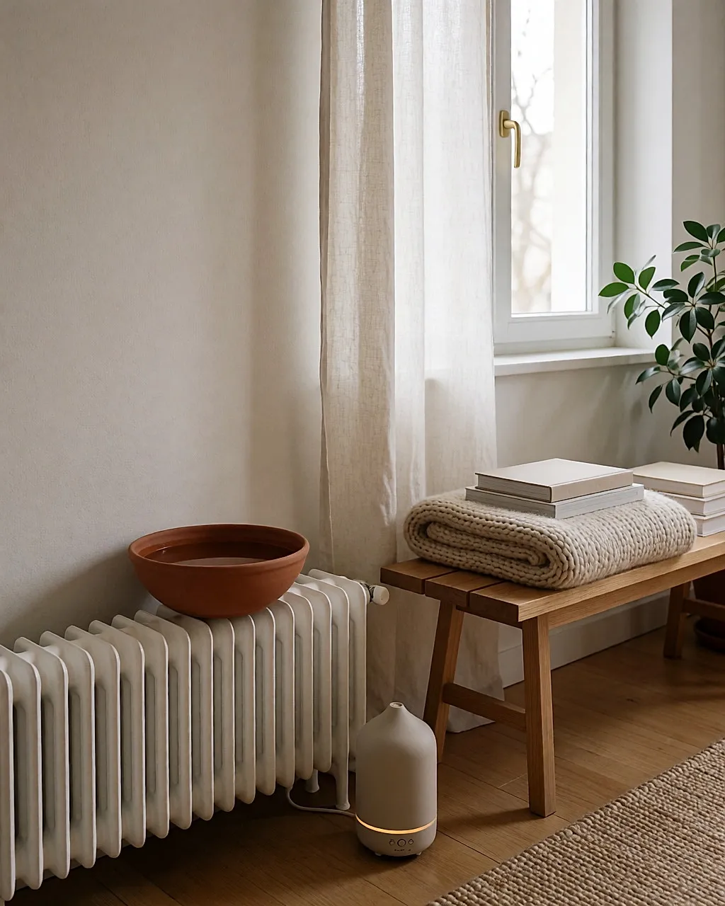 Mit Wasser gefüllte Terrakottaschale auf einem weißen Heizkörper in einem hellen Wohnzimmer