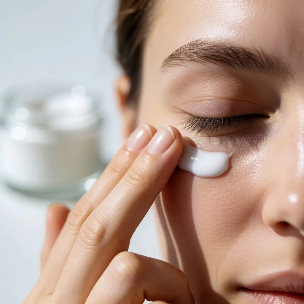 Fingerspitzen tupfen eine Creme um das Auge einer Frau, natürliches Licht