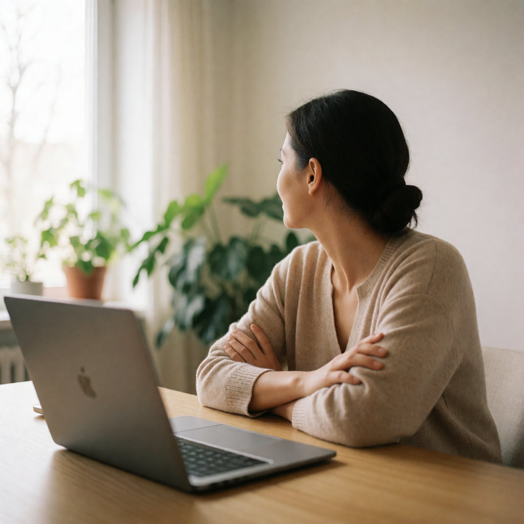 Femme à son bureau tournant le regard vers la fenêtre, ordinateur portable flou