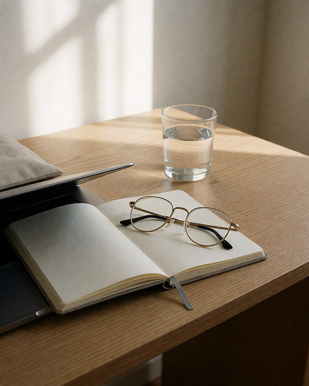 Lunettes de vue posées sur un carnet, près d'un verre d'eau et d'un ordinateur flou